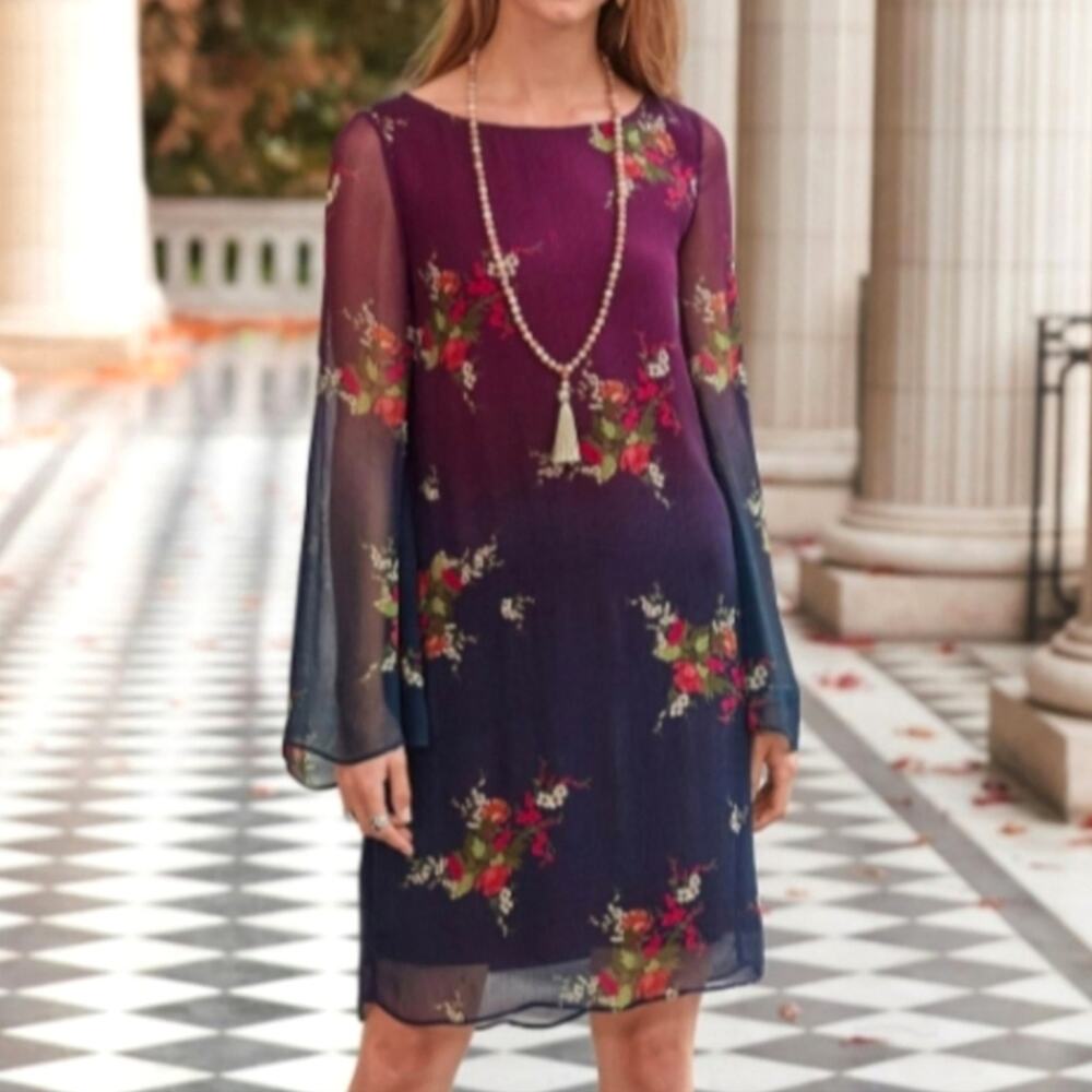 SUNDANCE Vandenberg Ombre Floral Gauze Bell Sleeve Dress Fall Boho Size XS